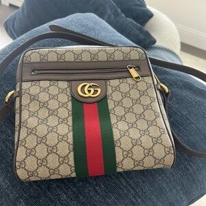 Gucci Beige and Brown Crossbody Bag with Red and Green Stripe